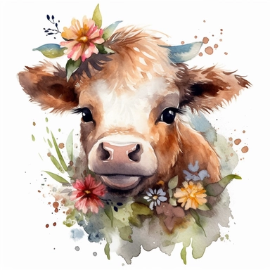 a moving highland calf with cute big eyes, happy smiling face, cute animal, adorable, playful atitude, adorable watercolor animal clipart with a few plant and flowers decor, no background, high quality very sharp with clear focus