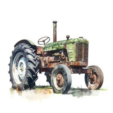 close up side view realistic watercolor drawing of a rusty green tractor on a dairy farm, on a white background where the background will be removed to repurpose as a clipart.