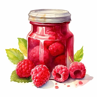 This highly detailed watercolor clipart presents a delightful jar filled with luscious raspberry preserves on a pristine white background. The artwork captures the essence of these tangy and sweet preserves with remarkable precision. The jar is meticulously rendered, showcasing its glass texture, lid, and label. The vibrant red color of the raspberry preserves is depicted with depth and richness, evoking a mouthwatering sensation. Against the clean white backdrop, this clipart exudes a sense of 