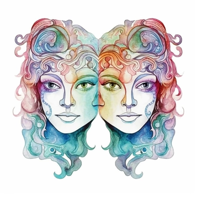 Watercolor clipart, of a twin people head concept zodiac sign of Gemini, colorful and detailed, with white color background, 2D, vector,