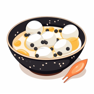 a bowl of tangyuan which is a traditional chinese dessert made of glutinous rice shaped into balls in some syrup. Show one cross section of a white ball with black sesame seeds inside of it , simple illustration, cartoon vector style, clipart, white background