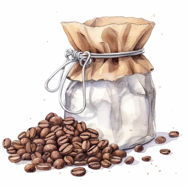 clipart, watercolor, Coffee beans spilling out of a bag or jar, soft tones, food art, clipart, clear border, hd, on white background,