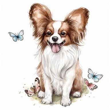 papillon dog, happy, clipart, hand-drawn clipart, realistic, clear lines, neutral watercolor, isolated, white background,