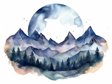 Simple mountain range with Whimsical rolling hills and mountains for a children's book, night scene, watercolor, clipart, white background,