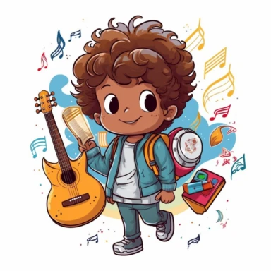 Music notes and instruments, a young child singing and wearing a backpack, vector style graphic, positive vibe, clipart, single design, white background