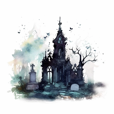 isolated clipart showcasing a spooky gothic haunted graveyard isolated on white background, graveyard appearing as if it were taken from a fairy tale, adorned with ornate tombstones, turrets, and ivy-covered walls, their silhouettes casting elongated shadows on the mist-covered ground below, the forest enveloped in an otherworldly glow, watercolor painting, ethereal washes of color capturing the magical atmosphere,