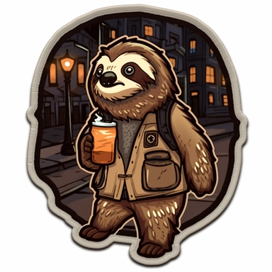 morale patch showing a drunk sloth walking in the evening streets with a beer bottle. Clipart