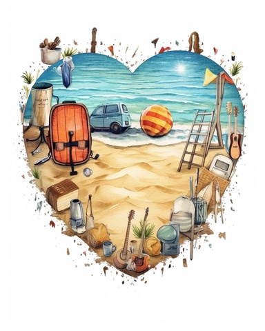 Beach camping Heart Watercolor Clipart, Watercolor Beach camping in a Heart Shape Clipart, camping Beach Clipart, sand, starfish, Watercolor Clipart, highly detailed, white background 8k