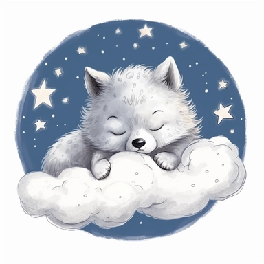 Cute wolf illustration by willows character, realistic adorable wolf sleeping on a soft moon surrounded by stars, sleepy happy clipart, nursery style clipart, Nursery Animals Art, Kids Wall Art, Kids Room Decor, Baby Room Decor, isolated on white, ultra - detailed, high quality, ghibli style, award winning