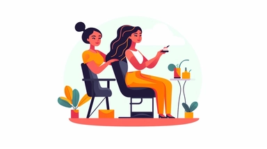 Bright Colorful Clip Art for Female Hairdresser of Hairdresser working on the hair of a female customer who is seated in Beauty Technician chair, 2D, Vector, Flat separated on white background