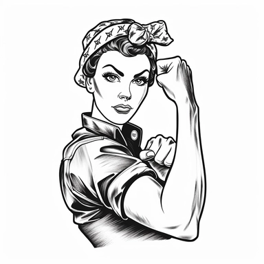 Rosie the Riveter, black and white clipart, perfect fist, no watermarks, vector quality, blank white background, highly detailed