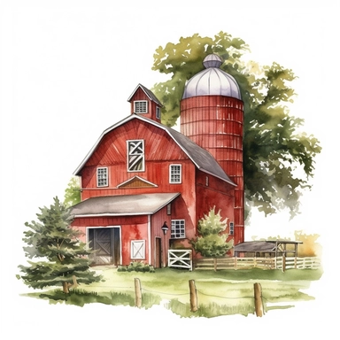 very detailed watercolor red barn with silo, country side, trees, ball of hey, svg graphics, in the style of realistic landscapes, j.c. leyendecker, monumental murals, colorized, white background, clipart, vintage cut and paste