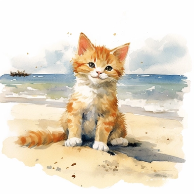 happy kitten on the beach, watercolor painting by WINSLOW HOMER, clipart, isolated pure white background