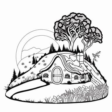 Coloring book page for kids, a hobbit house in a hill, clipart, cartoon kids style hand drawn line art, black and white