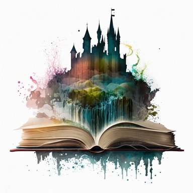 Clipart, Mythical Watercolor Castle Emerging from an Open Book, no background, hd