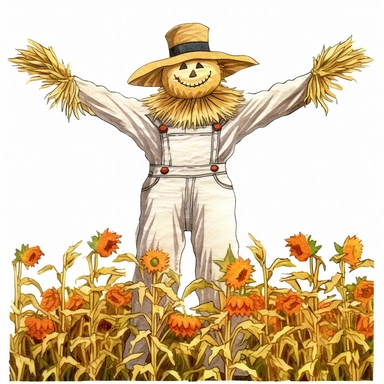 a traditonal straw-filled scarecrow with arms out stretched wide guarding a garden as a partial page border, clipart with a white background, clearly defined separate image, high quality--ar3:4-no mockups, watermarks, numbers, writing, letters--q2--v5.1--s1000