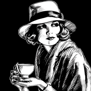 sketch clipart of 20s poster lady enjoying coffee, hd, white on black background, spaced out,--ar 3:2
