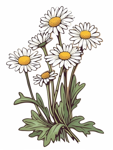Isometric Sticker Clip Art of daisy flowers, Bellis perennis, long stem, children friendly, illustrated in a playful and realistic style, perfect for any special occasion, cut out in the shape of daisy flowers, with no visible background, giving it the appearance of a sticker, conveying a mystical and whimsical mood, edited with Adobe Photoshop to adjust brightness and contrast, rendered as a transparent PNG file with a high resolution to ensure a crisp and clear image with no pixelation, suitab