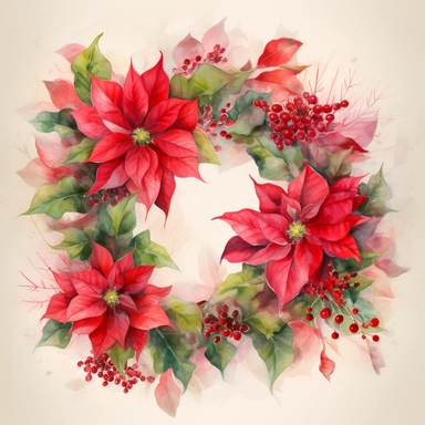 Watercolor Painting of beautiful multi - headed Poinsettia Wreath FLOWERS on white background DETAILED ILUSTRATION, Flora Design Patterns, Flemish Baroque by Rachel Ruysch, Behance, Rococo, Intricate Detailed, Soft Light Effect, Oil Paint Strokes, Light Academia Aesthetic Flowers, Lighting cinematic, all shown shimmering stamens, tyndall light, texture, colorful, 8k, fantasy, ray tracing, vivid, spectacular lighting, octane rendering, highly detailed, ultra - realistic, white background, clipart