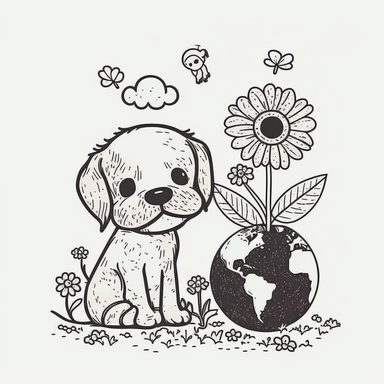 planet earth vector retro line-art doodle, earth day, flowers growing out of earth, and a dog sitting on earth, vector illustration 2d flat, cute, clipart, flat, 2d vector, minimalist, black and white, cartoon, svg cut file, line art drawing — ar 4:5
