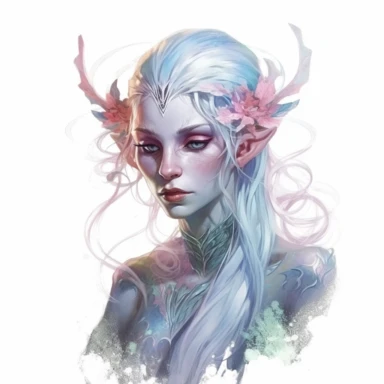Create a clipart of an otherworldly elf with a graceful and ethereal appearance. The elf should exude an aura of tranquility and delicate beauty. The background should be plain and highly contrasted to draw attention to the main subject. The overall style should be reminiscent of a watercolor painting, with a mix of realism and fantasy elements. The image should be intricate and detailed, with subtle shadings and fine linework to capture the elf's fairy-like quality.