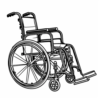 This black and white clipart features a simple yet detailed image of a wheelchair. The wheelchair is shown from a side view, with the frame, wheels, and footrests all visible. The lines used in the image are clean and precise, giving it a professional and polished look. This clipart is perfect for use in informational materials or educational resources about mobility and accessibility.