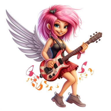 a cartoon girl fairy in a punk rock band, big wings, playing electric guitar, tattoes, smiling, colors, full body image, pixar style, clipart