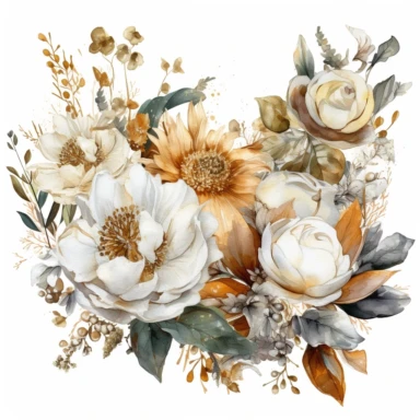 intricate three small bouquets of different white wild fall flowers with golden detail watercolor clipart, luxurious textures, nature-inspired pieces, very high resolution, white background