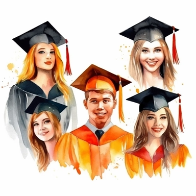 watercolor graduation ceremony related scenes, illustrations clipart set, simple, , cartoon elements ,different variants , separate elements with a margin, ,4k, high resolution