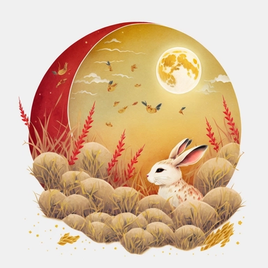 clipart, hand painted, watercolor, vectors, white background, sharp focus, highly detailed, Rabbit, Chinese New Year, Bright Red, Celebration, Colorful Confetti behind, Cute, Cheerful, Disney style, Moon behind, yellow field of barley behind, many hong bao on the floor