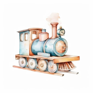 Clipart aquarelle, wooden train toy for little todler, soft colors, minimalistic, adorable, shabby on white background