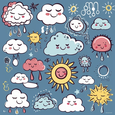 Weather Clipart - you could create clipart of different weather conditions like sun, rain, clouds, snowflakes, lightning, and more. You could draw them in a cute and whimsical style, with bright colors and lots of details.