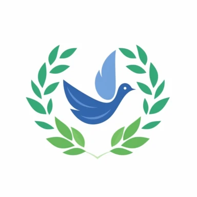 Create a minimalistic clipart-style image featuring a blue peace dove carrying a green laurel wreath, representing victory and harmony. Use clean lines and minimal details to capture the essence of the peace dove and laurel wreath. Experiment with different shades of blue and green, along with subtle gradients, to create a sense of depth and serenity in the image while preserving the simplicity of the clipart style.