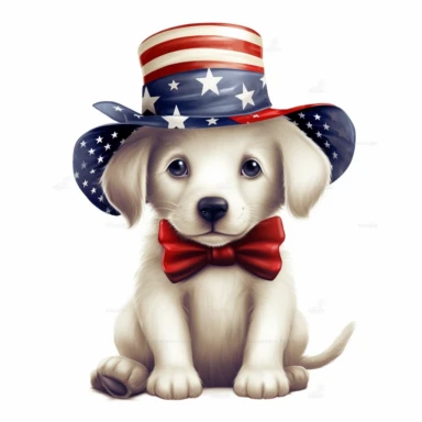 animated dog with hat, 4th July, American holiday, clipart, white background