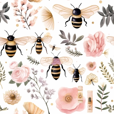 Draw a watercolor-style clip art images that feature objects related to an aesthetic adorned with floral designs. The images should have aesthetic, and should incorporate elements such as watercolor [gold] whimsical and cute illustration in watercolor of bees with black ornaments, in a Scandinavian folk art style with botanical and swirl motifs. light pink gold colors Traditional with a modern twist watercoloritem collection, isolated on a white background, classy, simple, graphics, clipart, pro