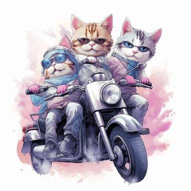 Create a clipart of a group of cute cats riding motorcycles together, perhaps forming a motorcycle gang. Low detail. White background, soft lighting. In the style of Bob Ross