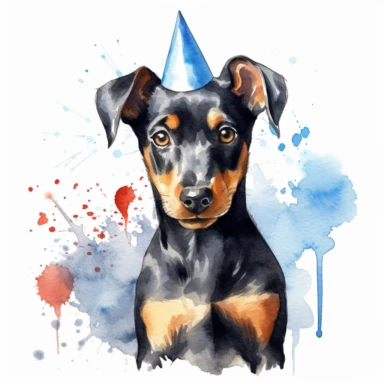 watercolor clipart white background moving living blue cartoon cute puppy dobermann dog birthday