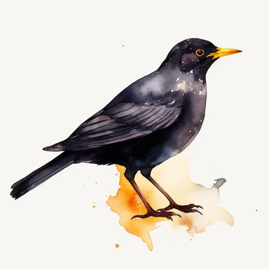Watercolor blackbird clipart, white isolated background, space out, hd