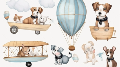 Wood dog Pilot Clipart, balloon with a basket , Aviator Clipart, cute sweet dogs Illustrations vintage