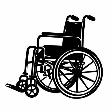 This black and white clipart features a simple yet detailed image of a wheelchair. The wheelchair is shown from a side view, with the frame, wheels, and footrests all visible. The lines used in the image are clean and precise, giving it a professional and polished look. This clipart is perfect for use in informational materials or educational resources about mobility and accessibility.