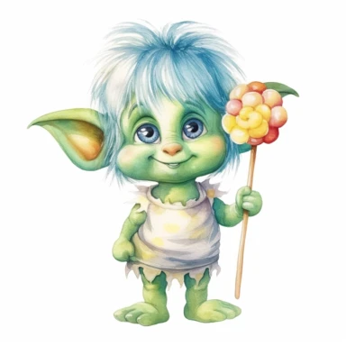 a watercolor, cute troll, hair standing up, green hair, little nose, precious moments, adorable, holding lollipop, summer, clip art, contrasting colors, white background.