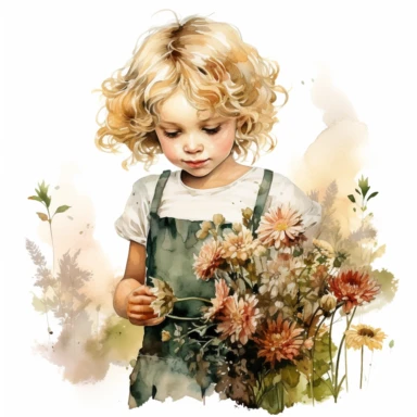 ink and watercolor mixed a beautiful little girl picking fwildflowers, with flowers in her short blond curly hair, clipart