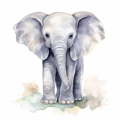 A delightful and charming watercolor clipart of an adorable baby elephant, designed for commercial use. This heartwarming composition captures the innocent charm of the African Safari Zoo animal, set against a crisp white background that accentuates its delicate watercolor textures and playful features. The baby elephant, with its gentle eyes and playful trunk, is skillfully painted in a soothing palette of grays and pastels, encapsulating the essence of nursery-themed art. The clipart emphasize