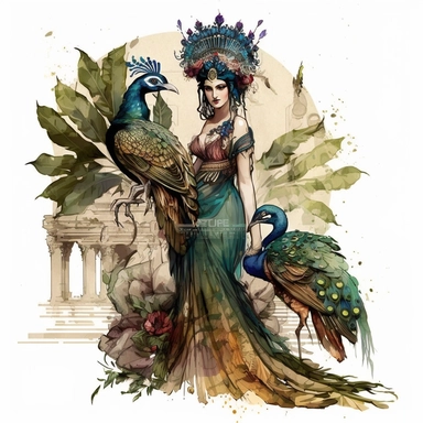 A strong beautiful Hera with a big beatifull peacock bird, with a mature body and black hair, who dresses in ancient Greek fashion and wears a beautifull crown with watercolour effect,full body,detailed and realistic face,full body,pomegranate,fantastic scene,suitable for digital cliparts,white background,antience greek style
