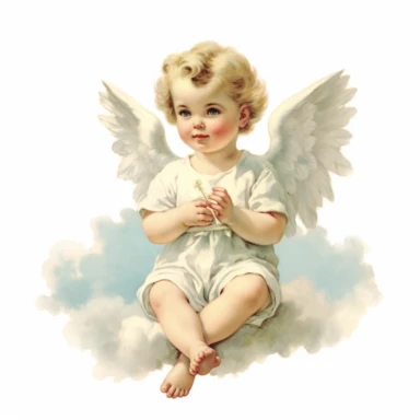 A little angel sitting on top of a cloud holding a flower.