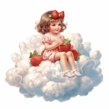 adorable little vintage whimsical girl sitting on a magical cloud made of strawberries, raspberries and whipped cream, face looking straight, full body, clipart style, accurate details, oil painting technique, super high quality, professional watercolor clipart, high resolution