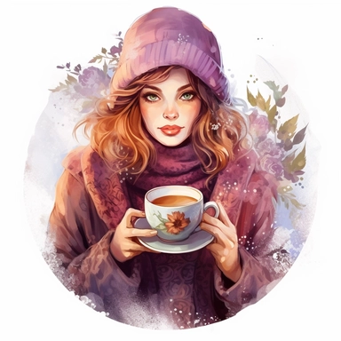 Create One clipart inspired by portrait of woman drinking tea: The clipart exudes a cozy ambiance, with a sense of warmth and tranquility. It invites viewers to imagine themselves wandering through this magical nature, discovering its secrets and encountering fantastical creatures.cozzy watercolor style. in 4K. so it can be used in fantasy books. beautifull coloring