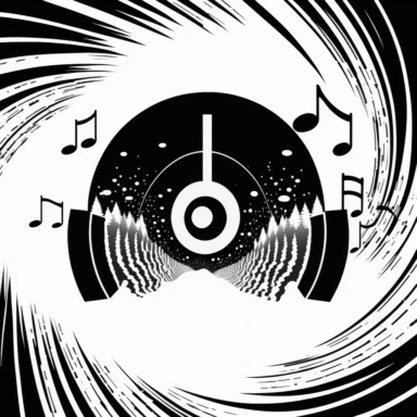 clipart representing music and sound waves. Beautiful, flat, cute manga style, black and white, round image borders