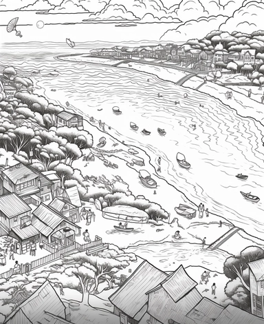 simple vector monochrome clipart, 2d outline, coloring book page with an aerial view of a beach by a lake in the style of artist Steve McDonald's Fantastic Cities. There are boats in the lake and people playing on the beach, no color, no fill
