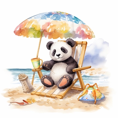 Create a watercolor illustration clipart of a playful cute Baby Panda Sunbathing on the beach, with its full body visible. Use soft, flowing brushstrokes and a warm, inviting color palette to create an image that is both charming and whimsical. Incorporate intricate details like the motion of Baby Panda Sunbathing on the beach to create a lifelike, realistic image. Can add other elements to the illustration like related item to play to create playful scene. Use white background to allow the wate